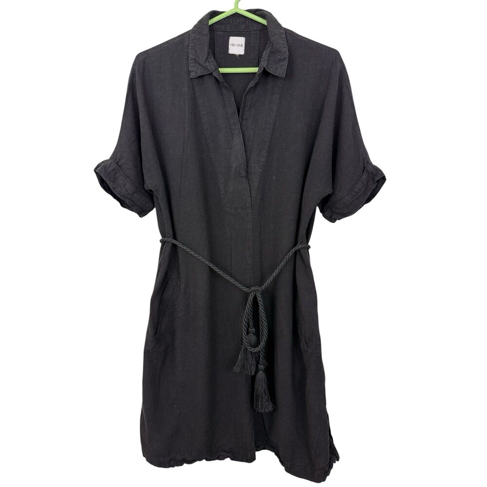 Nic+Zoe Rumba Tie Belt Linen Blend ShirtDress Size M Black Short Sleeve Pockets